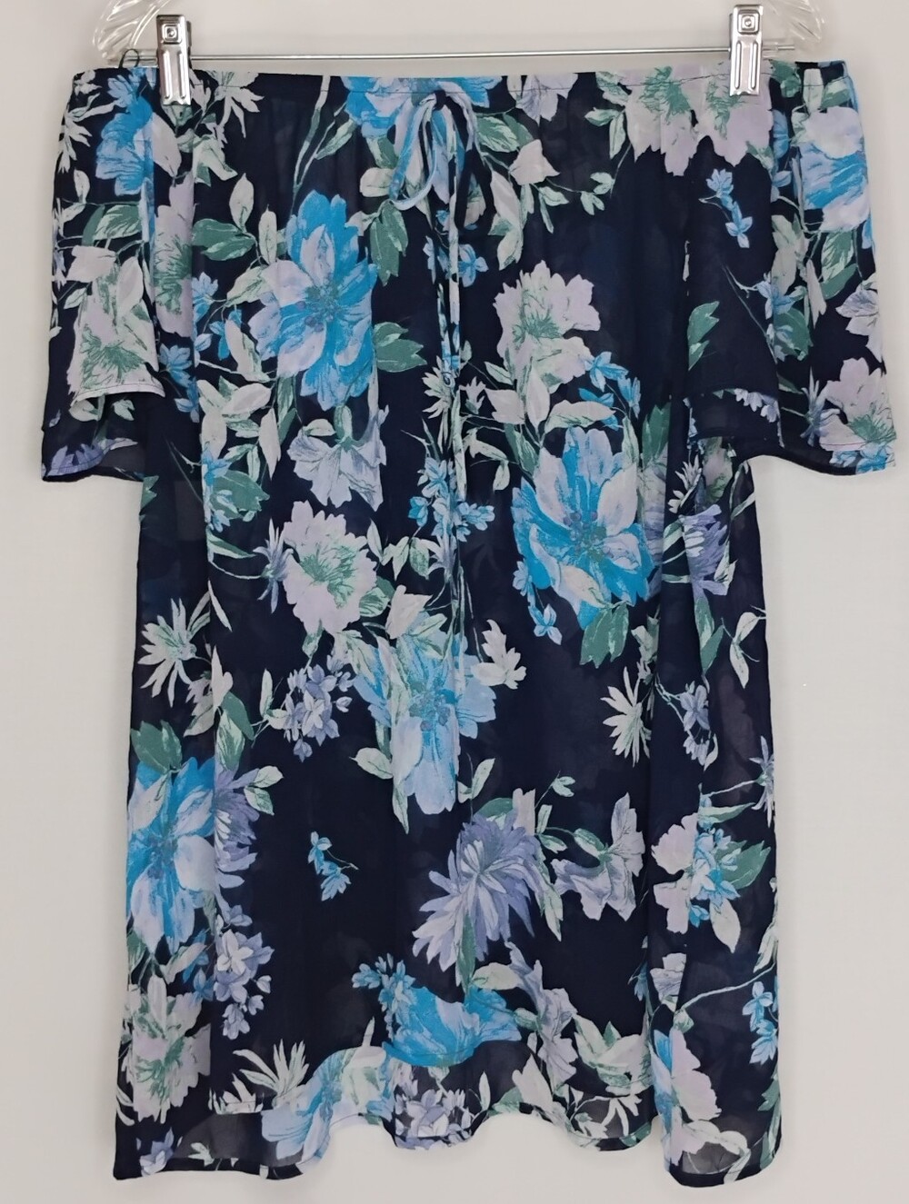 Women's Size 2X Sara Michelle Blue Floral Sheer Blouse Off The Shoulder Top XXL
